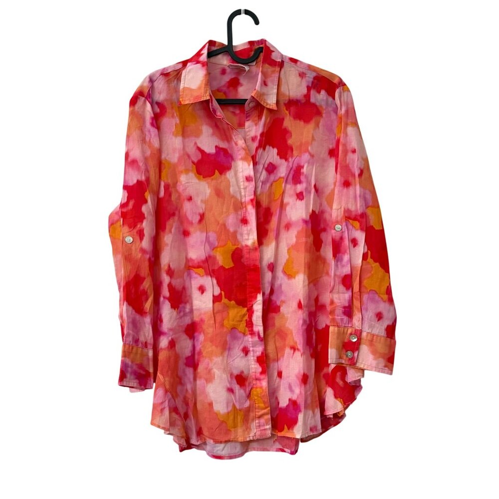 Finley Pink Orange Watercolor Long Sleeve Lightweight Button Shirt Womens Large
